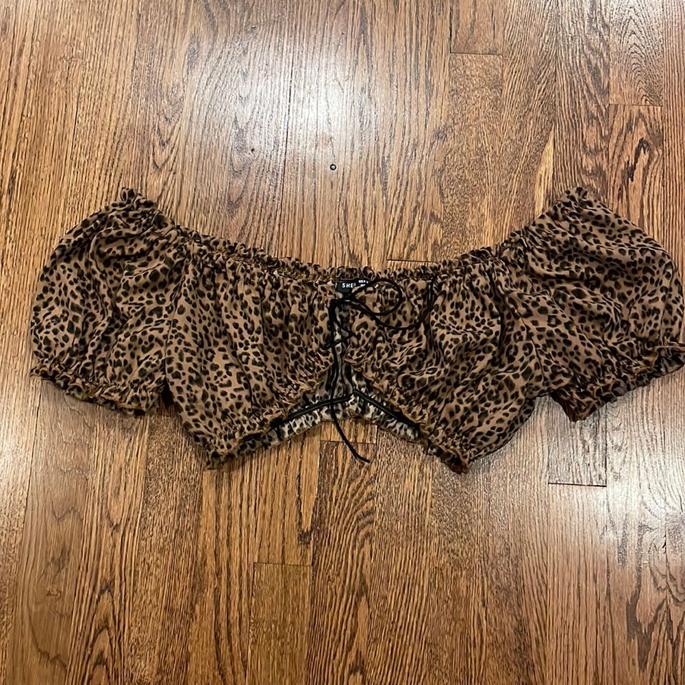 SHEIN off shoulder frill trim tie front leopard crop top size medium